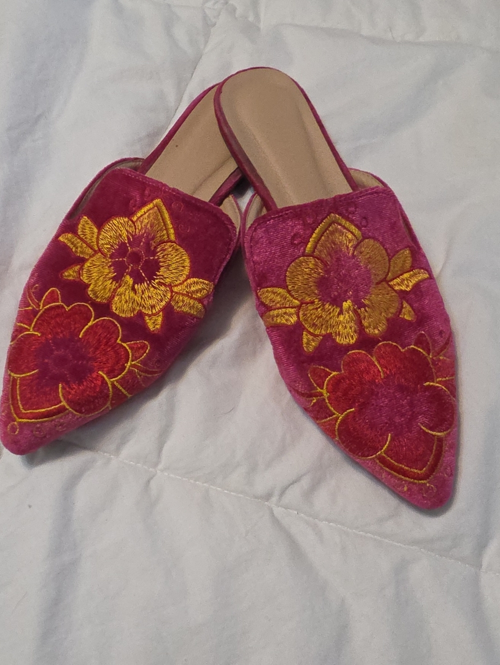 Women's Fuchsia Velvet Pointed Mules with Gold Embroidery